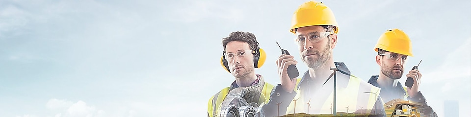 three workers on radios and reading documents, transposed over a background of blue sky with light clouds