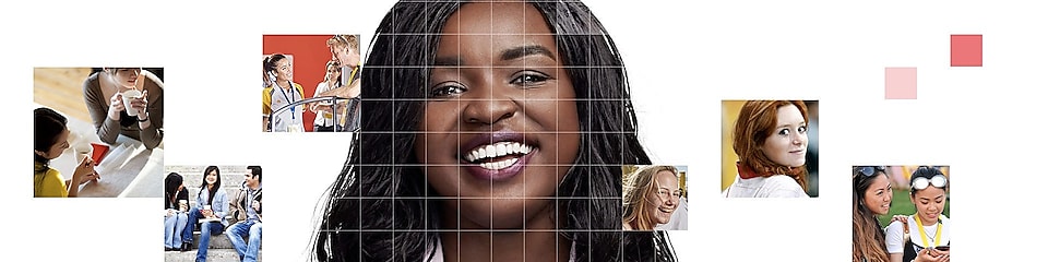 African American female with long black hair, with a mosaic of images surrounding her.