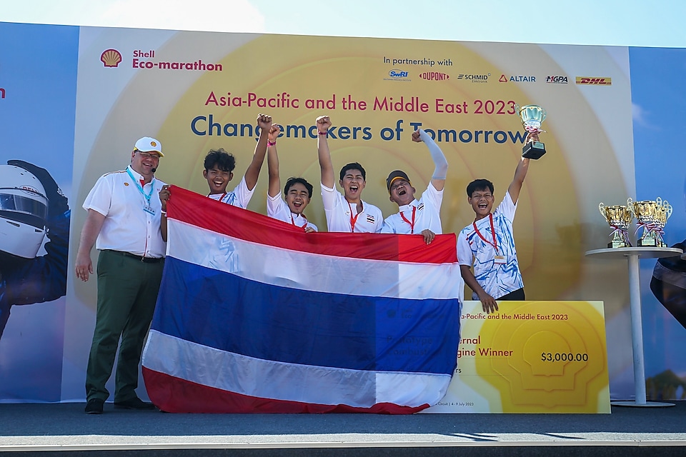 VIRGIN TEAM dari Sakonnakhon Technical College Thailand memenangkan kategori Prototype di Shell Eco-marathon Asia Pasifik dan Timur Tengah 2023 di Mandalika, Indonesia