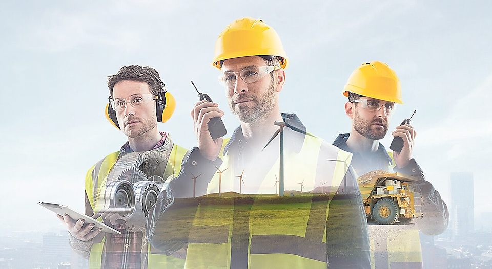 three workers on radios and reading documents, transposed over a background of blue sky with light clouds