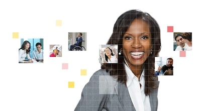 African American female wearing a grey suit, with a mosaic of images surround her.