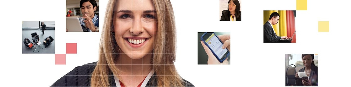 Female with long blonde hair wearing a blue top, with a mosaic of images surrounding her.