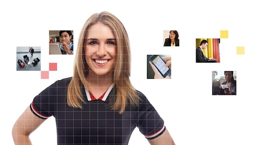 Female with long blonde hair wearing a blue top, with a mosaic of images surrounding her.