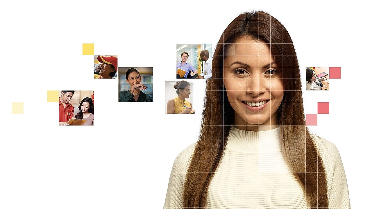 Female with long brown hair wearing a white top, with a mosaic of images surrounding her. 