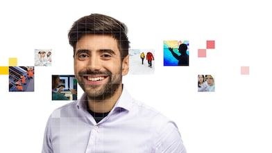 Male with beard wearing a white shirt, with a mosaic of images surrounding him.