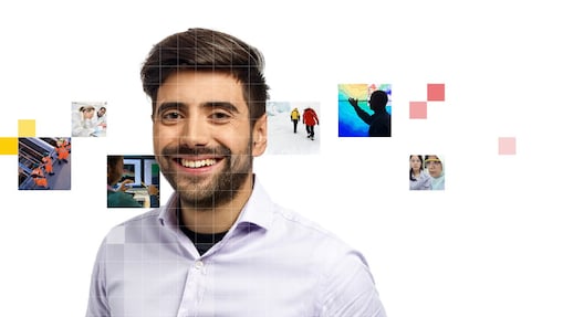 Male with beard wearing a white shirt, with a mosaic of images surrounding him.