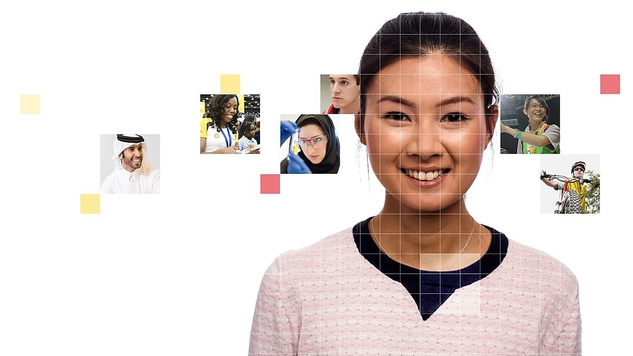 Young Asian female wearing a pink top, with a mosaic of images surrounding her.