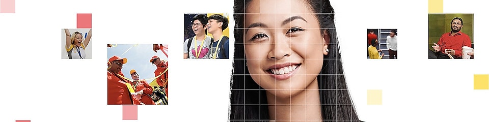 Asian female with long black hair, with a mosaic of images surrounding her.