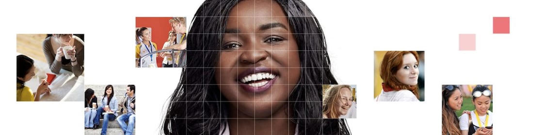 African American female with long black hair, with a mosaic of images surrounding her.