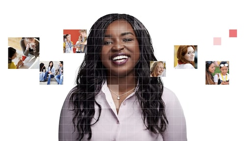 African American female with long black hair, with a mosaic of images surrounding her.