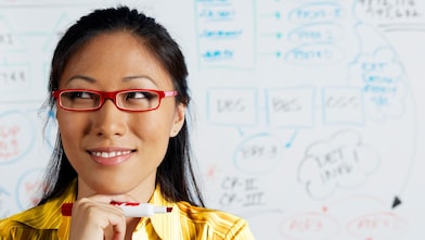 Potret dari dekat pebisnis wanita Asia yang tersenyum di depan papan tulis