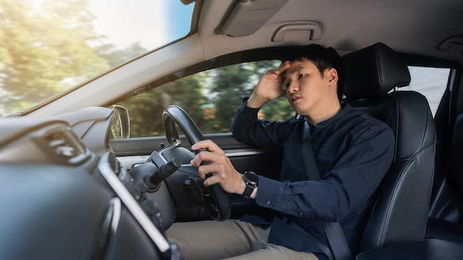 Seorang pengemudi mobil terlihat frustrasi karena mobilnya overheat.