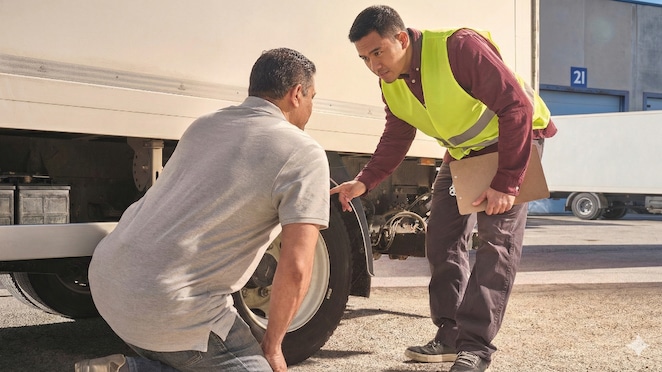 Sopir truk sedang memeriksa tekanan ban.