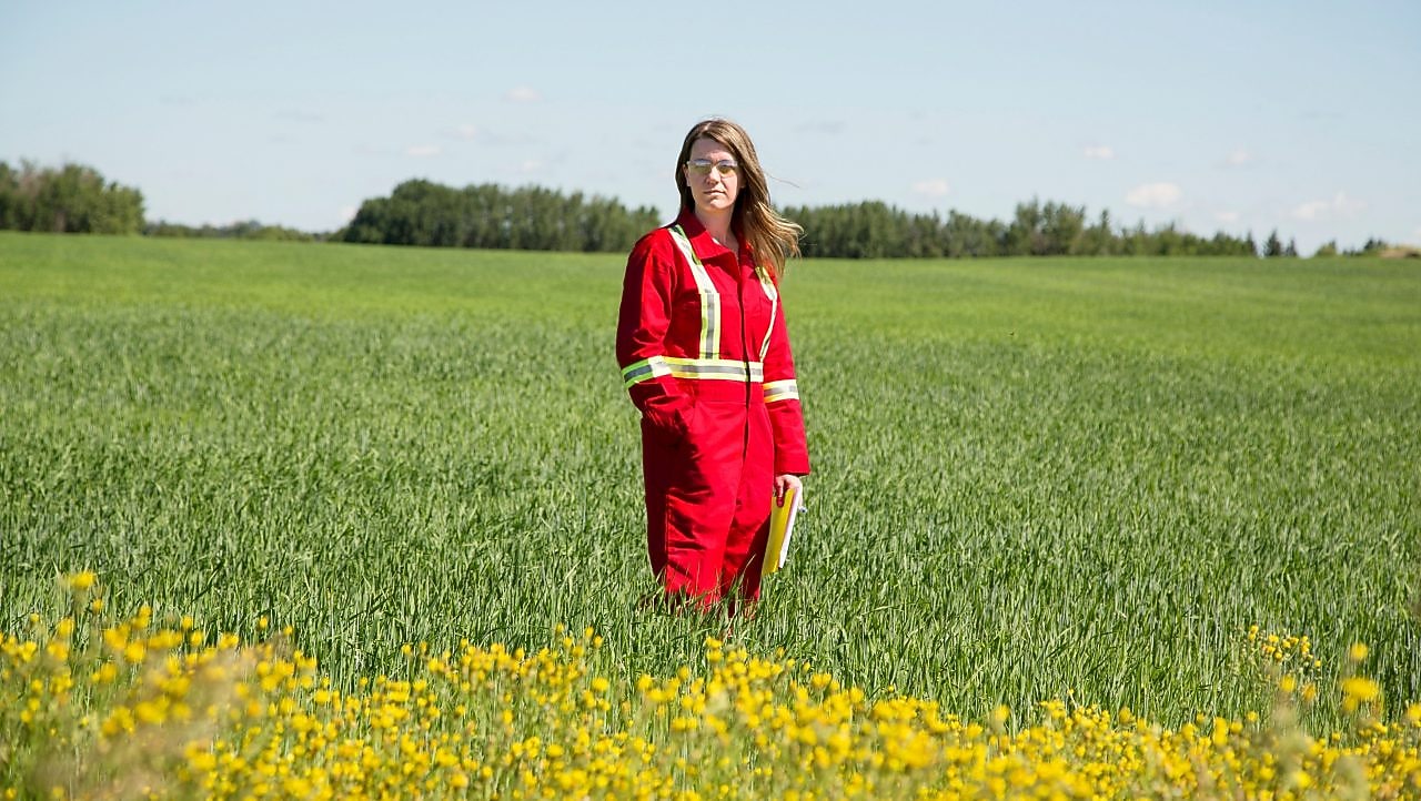 Seorang karyawan berdiri di sebuah ladang di dekat sumur injeksi CO2 Quest di timur laut Edmonton, Alberta di Kanada